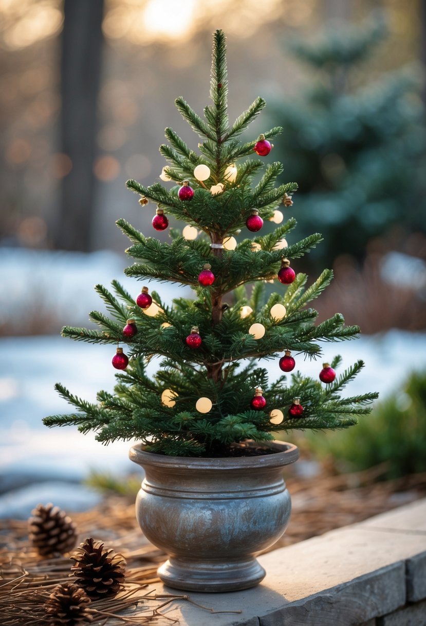 A miniature Christmas tree in a decorative pot placed outdoors with natural surroundings.
