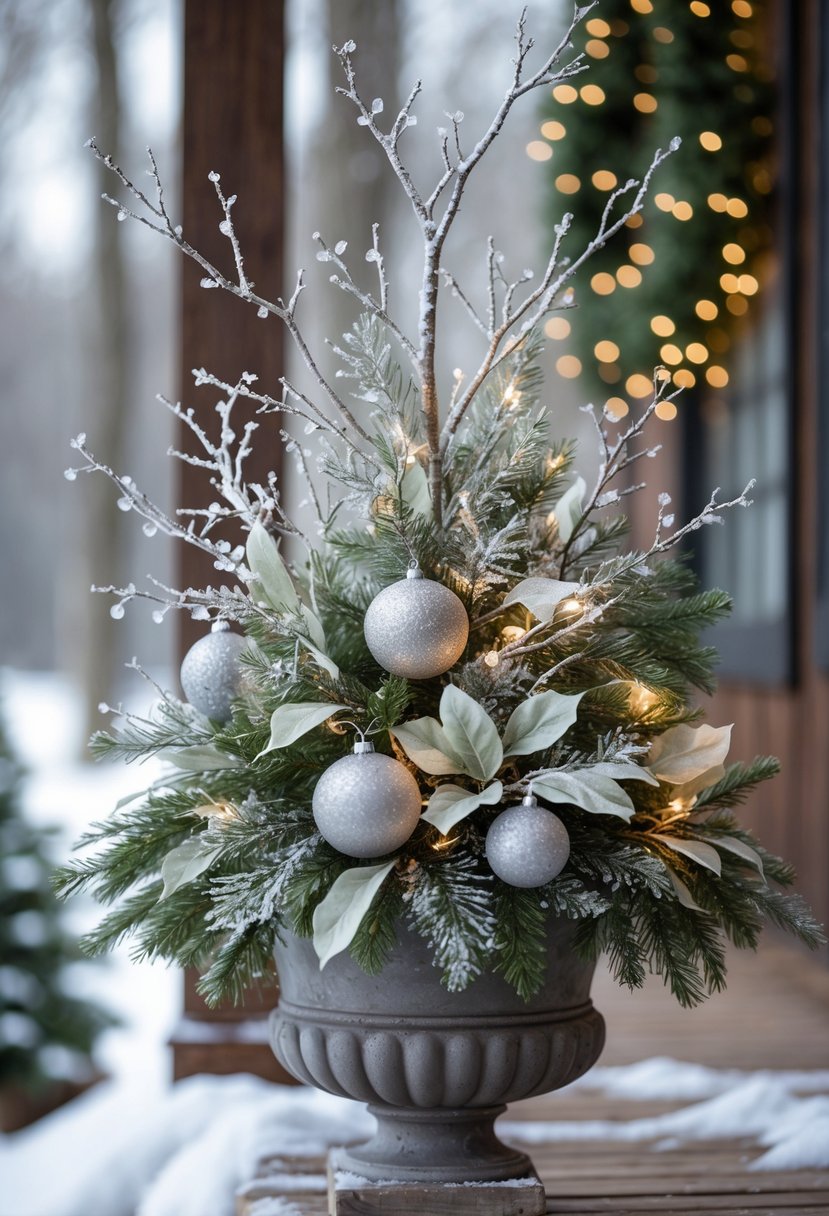 Outdoor Christmas planter with snow-dusted branches and silver accents on a wooden porch.