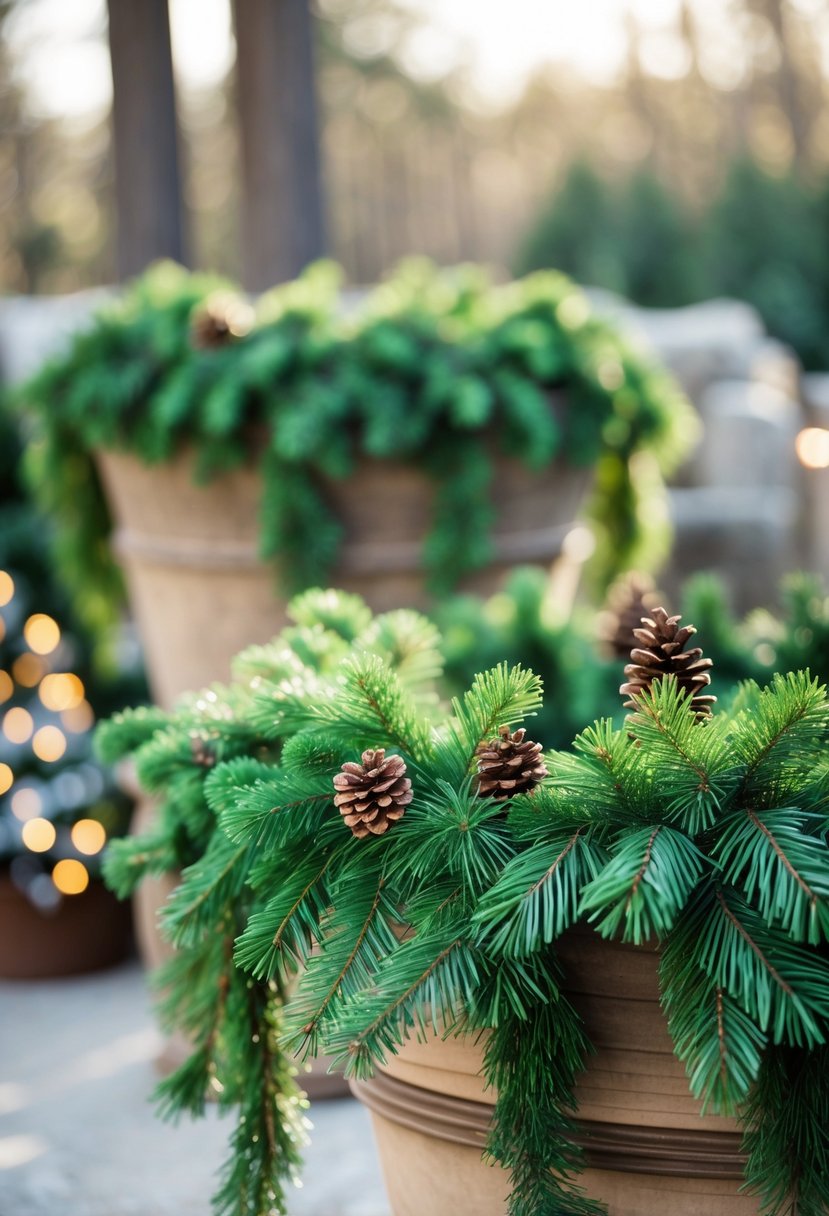 Large outdoor planters decorated with natural pine garlands draped over them in a festive outdoor setting.