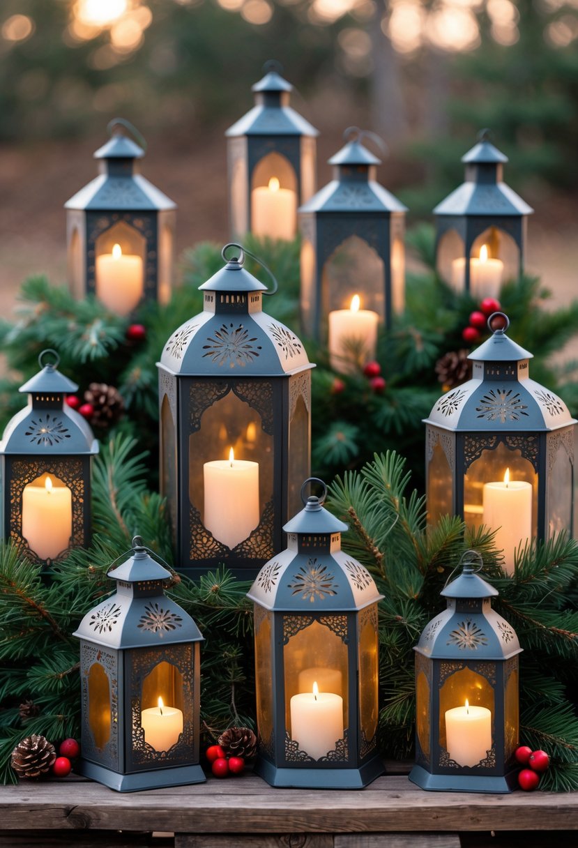 Metal lanterns with glowing candles surrounded by evergreen branches and pinecones arranged outdoors on a wooden surface.