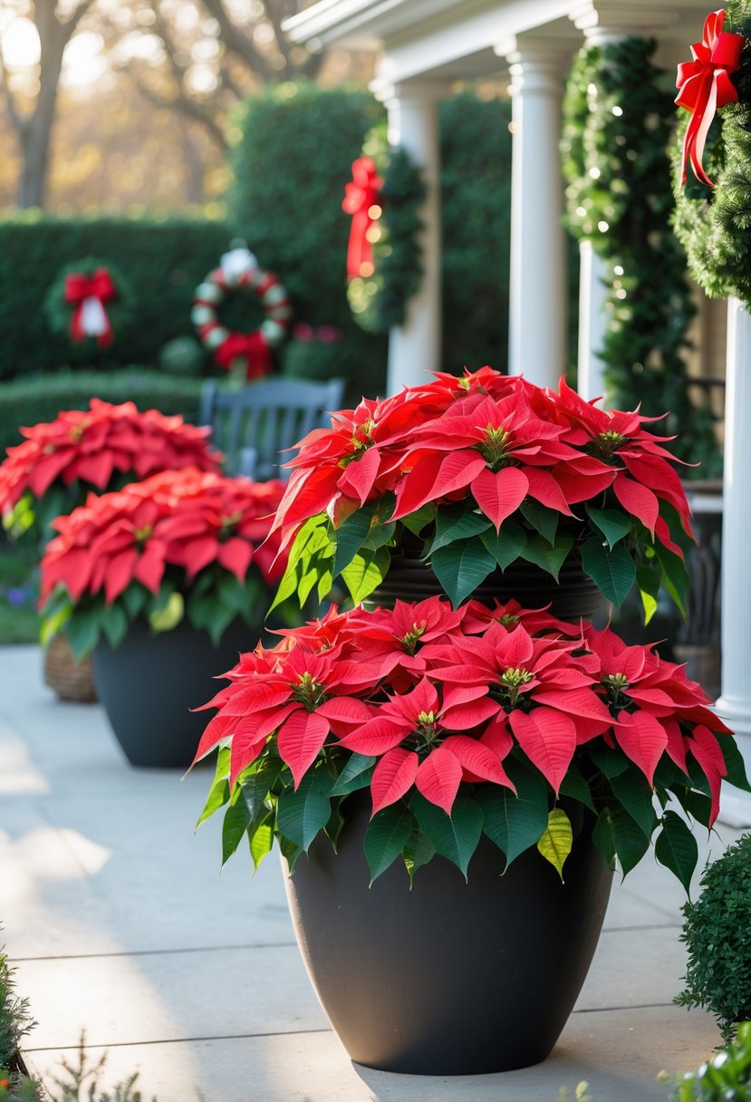 Outdoor pots filled with bright red poinsettias arranged as Christmas planters on a patio.