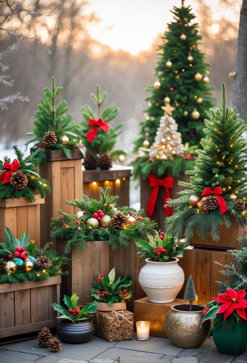 Outdoor display of fourteen Christmas-themed planters decorated with evergreen branches, ornaments, lights, and festive greenery on a snowy garden patio.