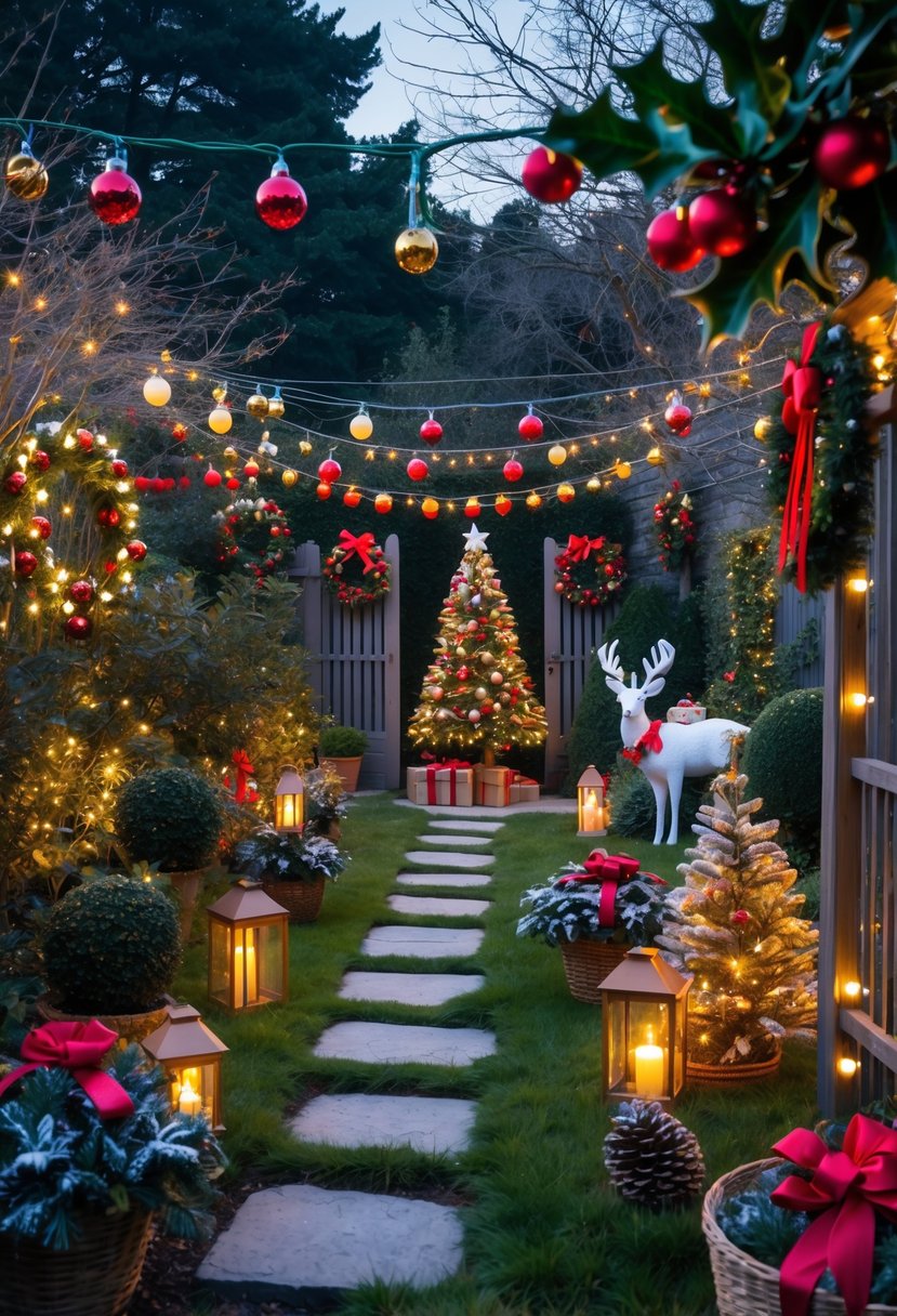 A garden decorated with various Christmas ornaments including lights, wreaths, lanterns, wooden reindeer, and a small decorated Christmas tree.