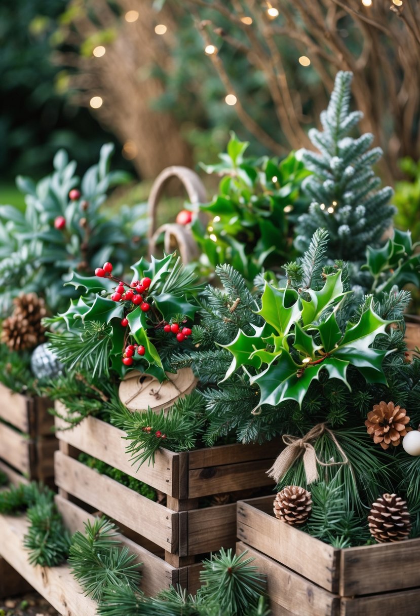 Rustic wooden crates filled with green plants and Christmas garden decorations arranged outdoors.