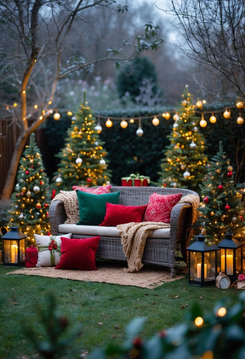 Cozy outdoor seating area with warm blankets and cushions surrounded by Christmas garden decorations and soft lighting.