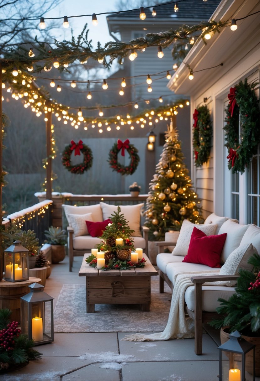 Outdoor patio decorated for Christmas with lights, wreaths, a small tree, candles, and cozy seating.