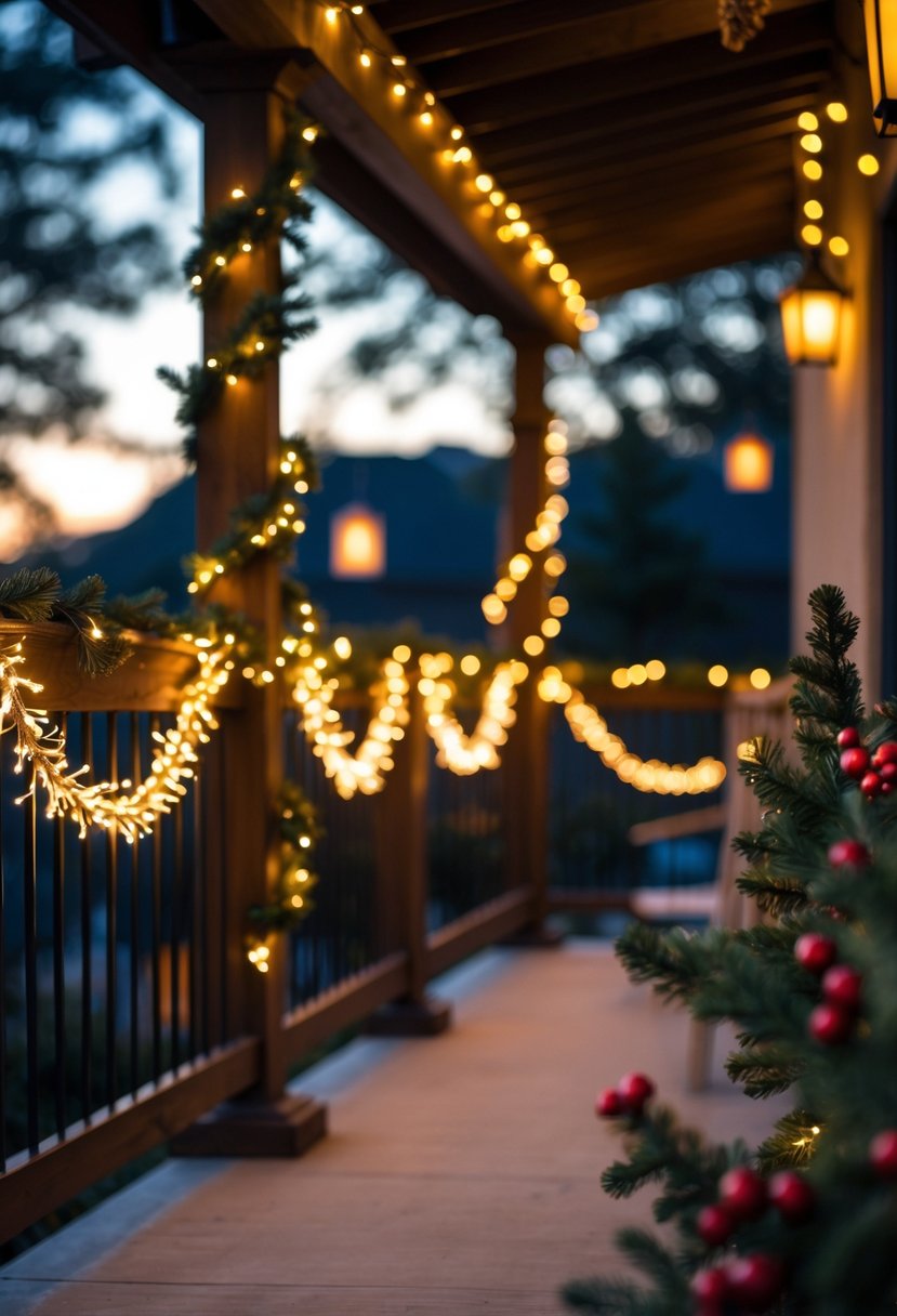 A patio railing decorated with twinkling fairy lights and Christmas greenery during dusk.
