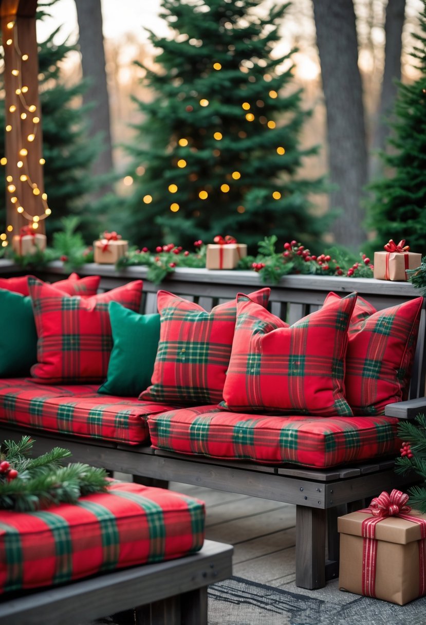 Outdoor patio decorated for Christmas with red and green plaid cushions on wooden seating, pine garlands, string lights, and a fire pit.