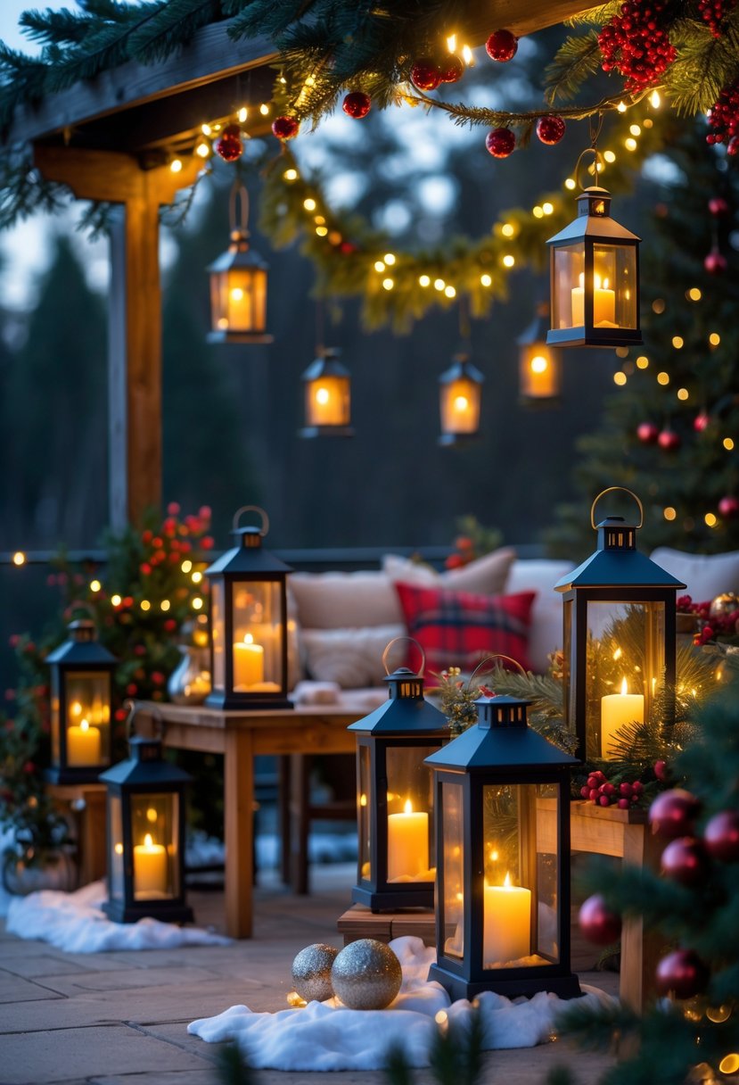Outdoor patio decorated with battery-operated lanterns glowing with flickering candle lights and festive Christmas decorations.