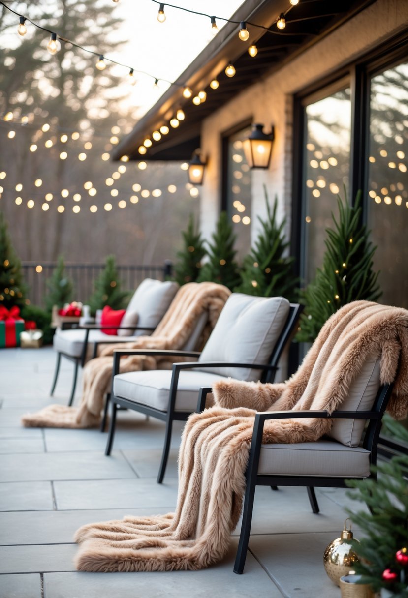 Outdoor patio with chairs covered in soft faux fur throws and decorated with Christmas lights and pine garlands.