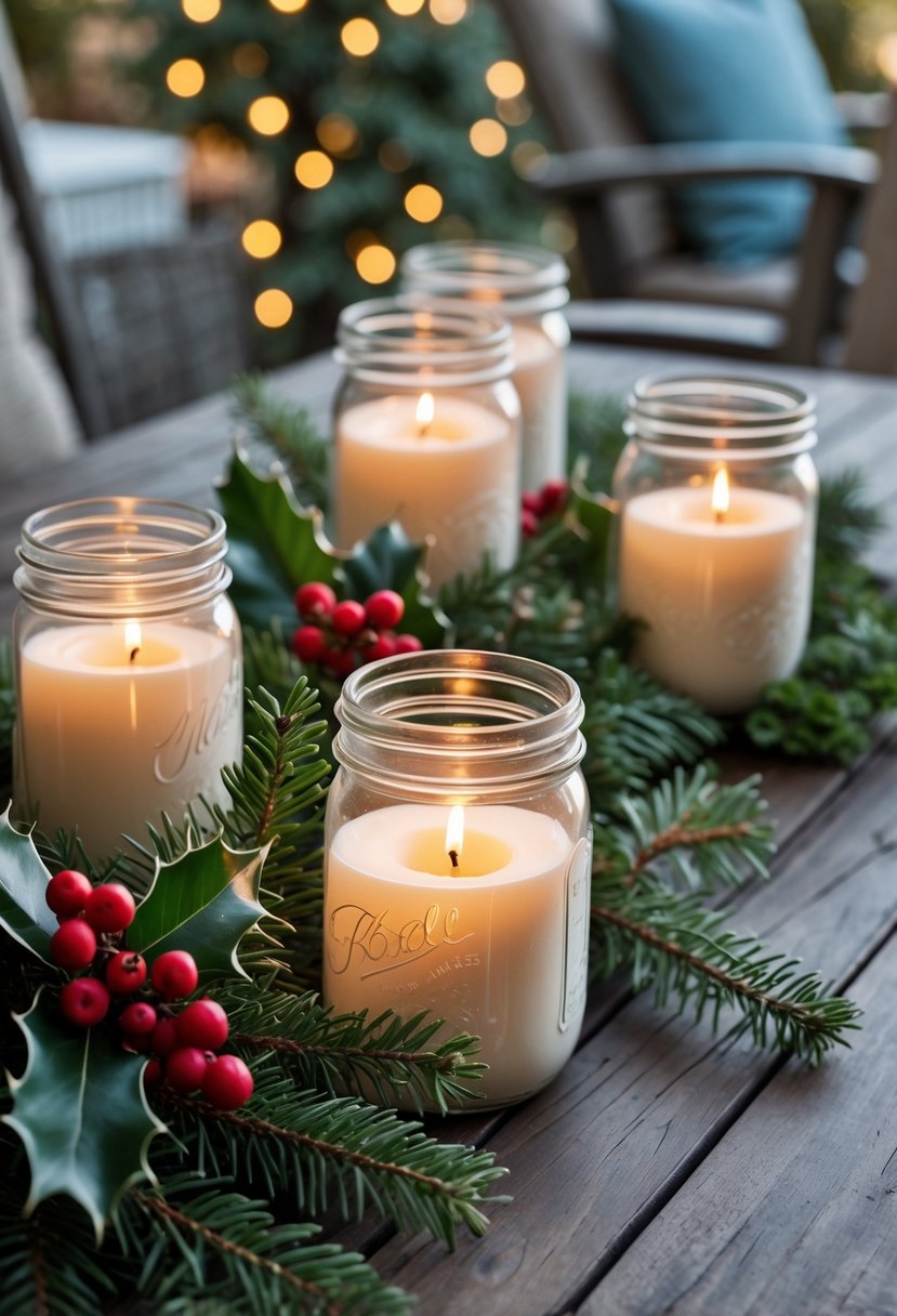 Mason jar candle holders with lit candles and holiday greenery arranged on an outdoor patio table.