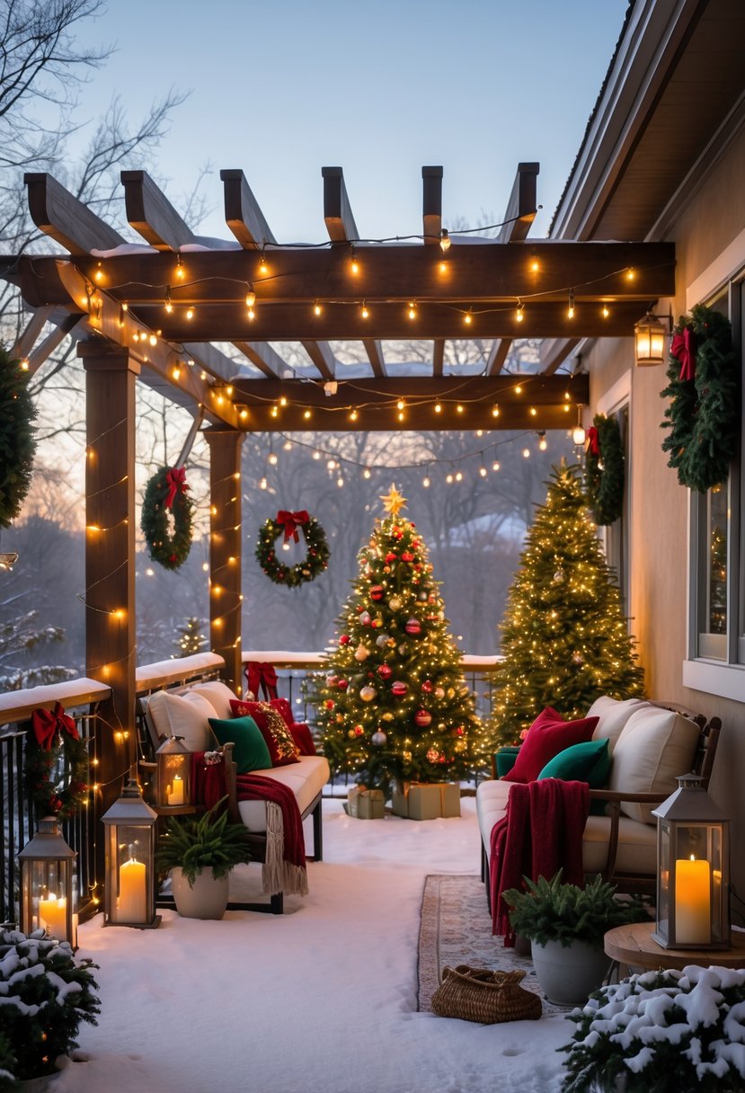 Outdoor patio decorated for Christmas with string lights, a small Christmas tree, wreaths, candles, and garlands, surrounded by light snow.