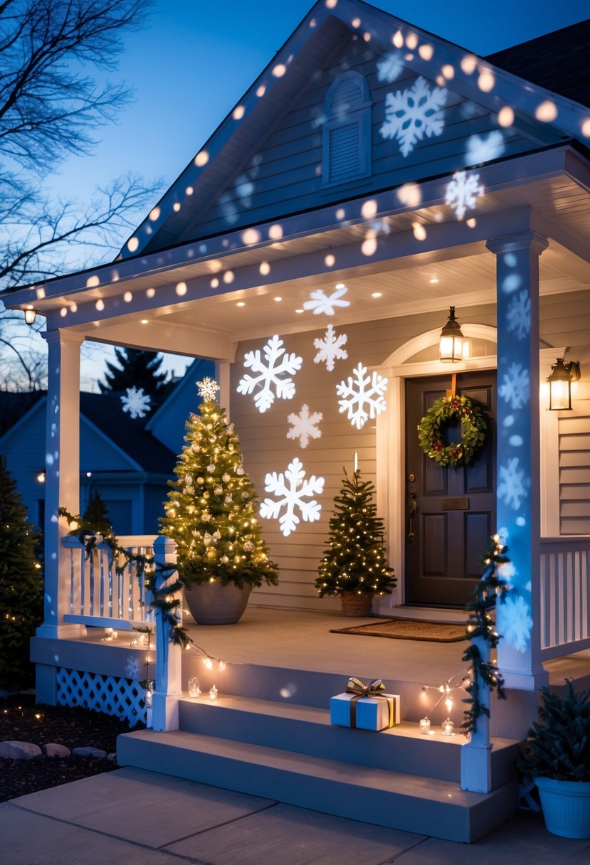 Front porch decorated for Christmas with snowflake light projections, wreath on the door, string lights, a small Christmas tree, and wrapped gifts on the steps at twilight.