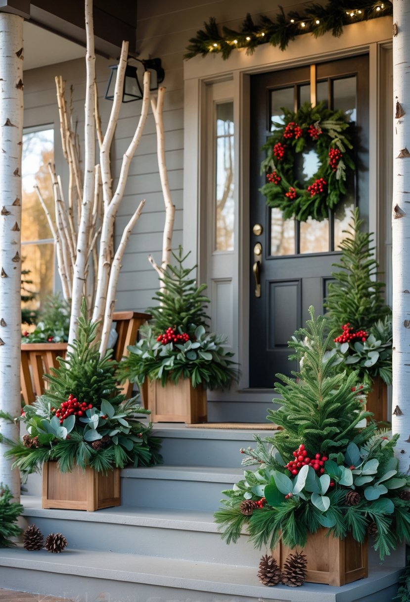 Front porch decorated with planters filled with fresh greenery and white birch branches for Christmas.