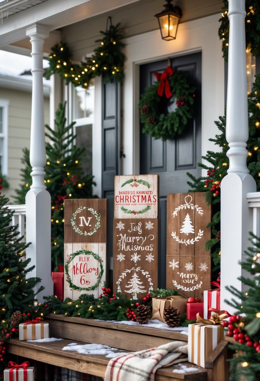 A front porch decorated for Christmas with rustic wooden signs, pine garlands, string lights, and festive decorations including pine cones and wrapped gifts.