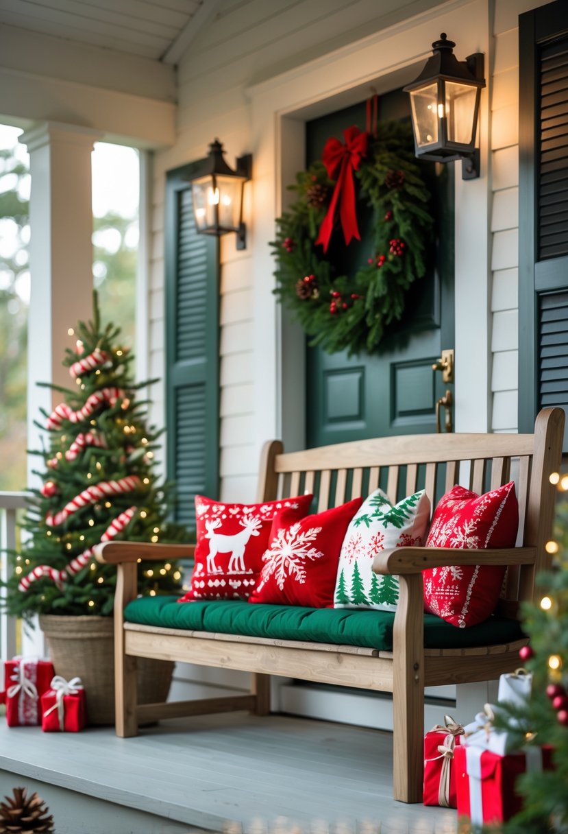 A front porch decorated for Christmas with red and green patterned cushions on a wooden bench, a small Christmas tree, string lights, a wreath on the door, and wrapped gift boxes.