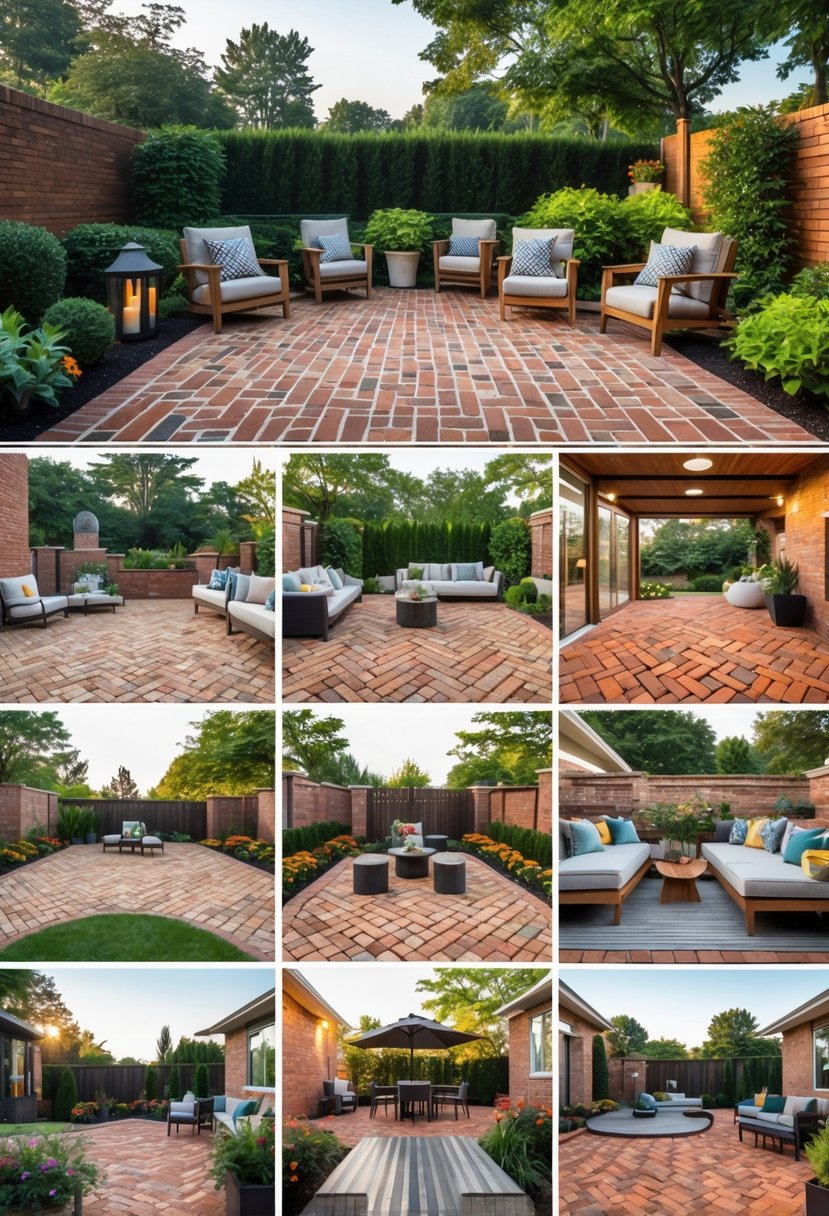 Outdoor patio area with multiple sections showing different brick patterns surrounded by plants and outdoor furniture.