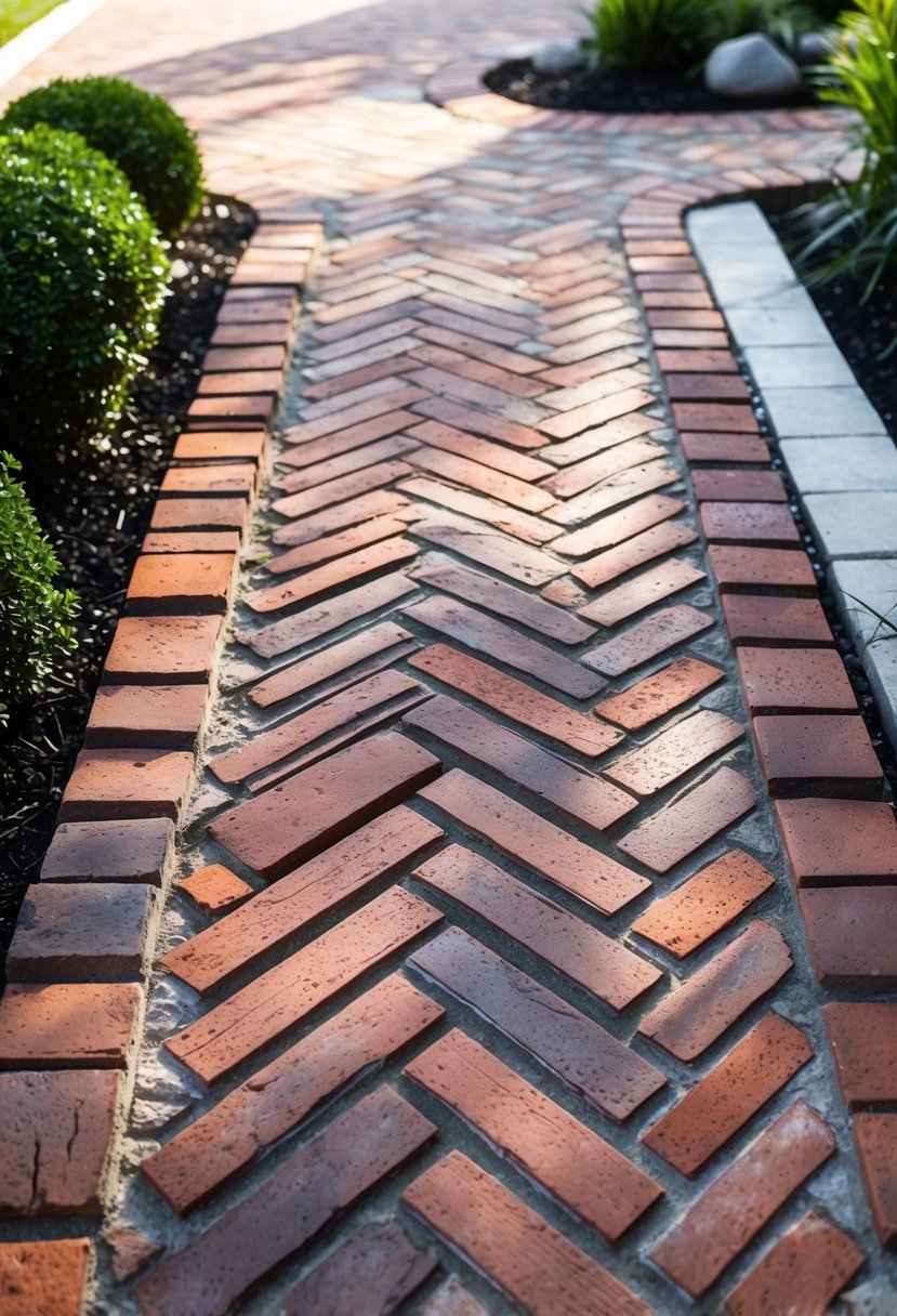 Outdoor brick patio with a zigzag patterned brick floor surrounded by green plants.