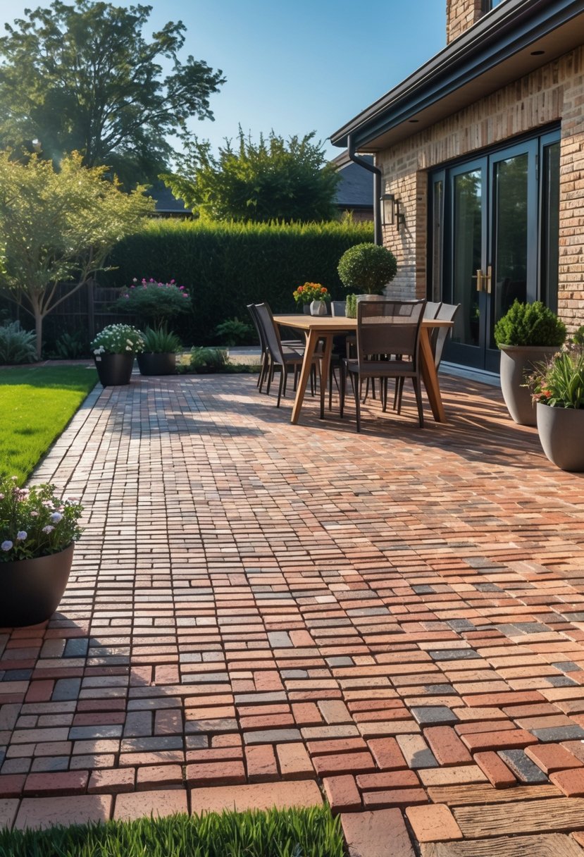 Outdoor patio with red and earth-toned bricks arranged in a running bond pattern, surrounded by green grass and garden plants.