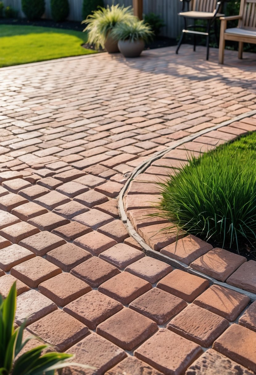 A backyard patio with bricks arranged in a basketweave pattern surrounded by grass and outdoor furniture.