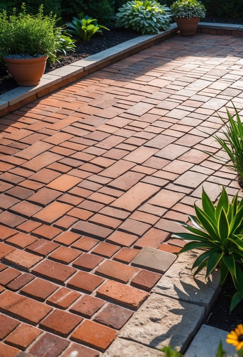 Outdoor patio paved with reddish-brown bricks arranged in a diagonal pattern surrounded by green plants and garden decorations.