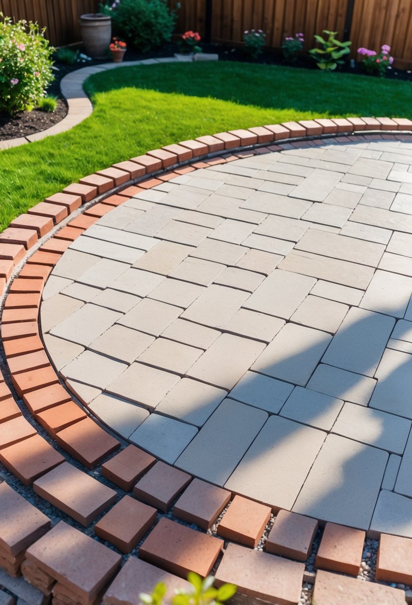 Circular outdoor patio with a brick border surrounded by grass and plants in a backyard.
