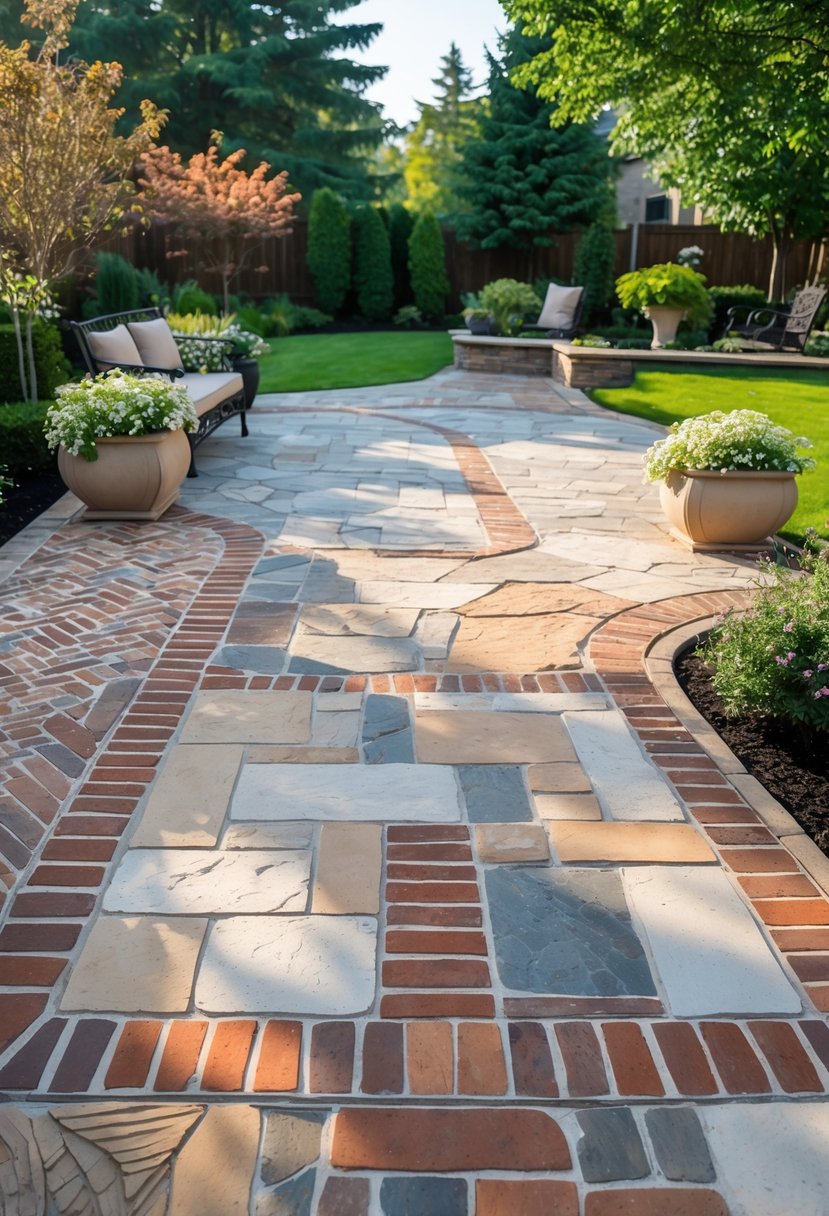 An outdoor patio made of mixed brick and natural stone surrounded by plants and garden greenery.