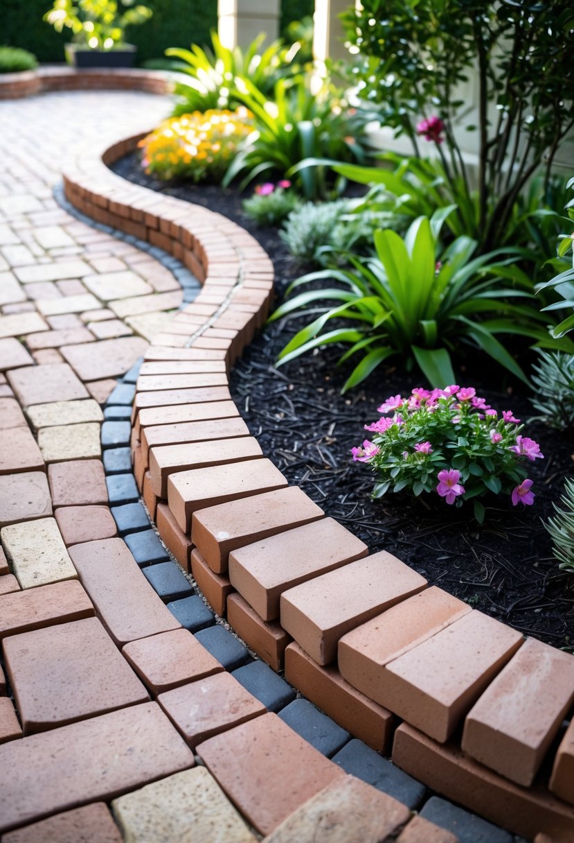 A curved brick-edged patio surrounded by green plants and flowers in a garden.