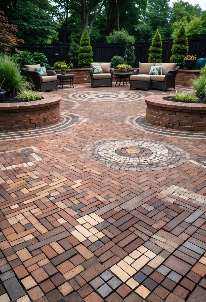Outdoor patio area featuring multiple sections of decorative brick mosaic patterns in various geometric designs surrounded by greenery and outdoor furniture.