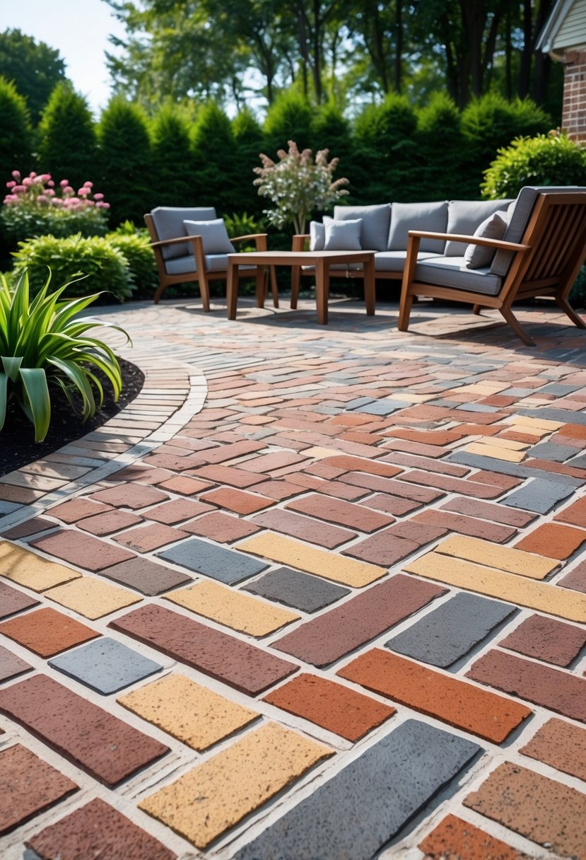 Outdoor patio with multi-colored bricks arranged in a decorative pattern, surrounded by plants and outdoor furniture.