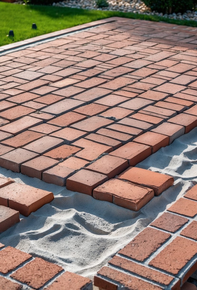 A close-up view of a red brick patio laid on a cement and sand base surrounded by grass and small plants.
