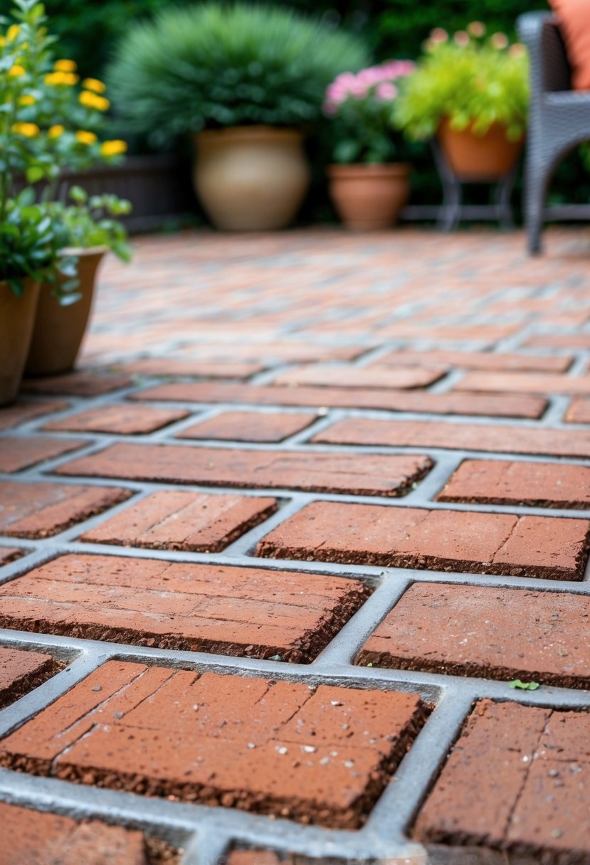 Close-up view of a neatly arranged brick patio with mortar between the bricks surrounded by green plants and outdoor furniture.