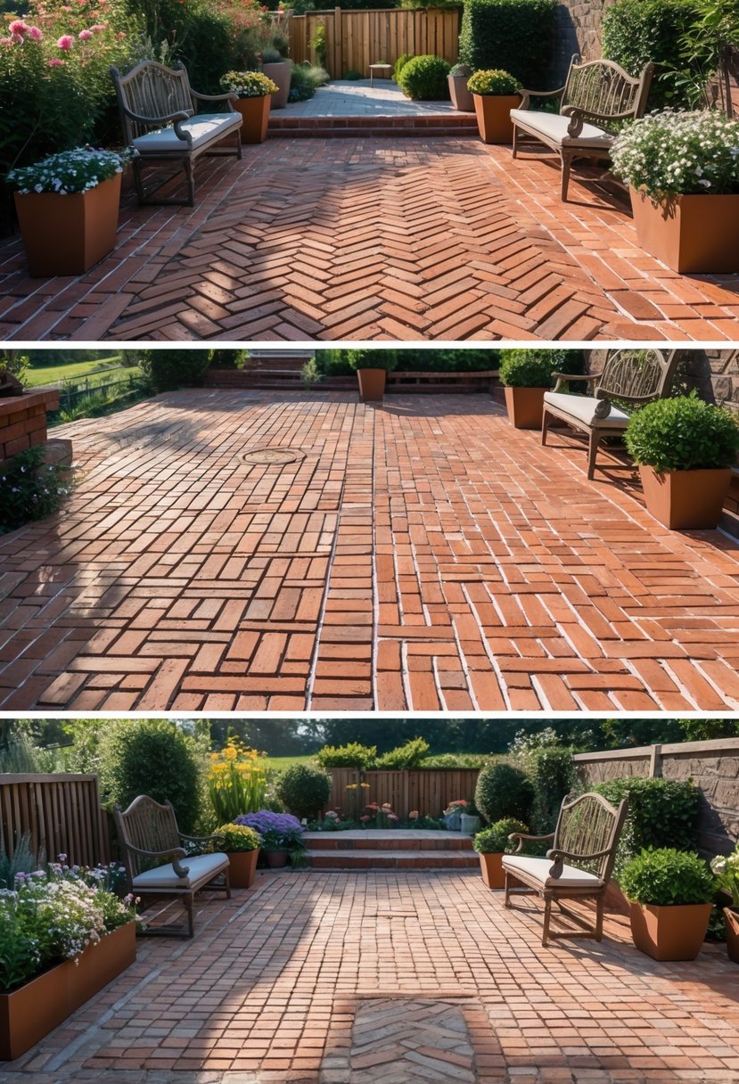 Outdoor patio with red brick floor showing various brick patterns surrounded by plants and outdoor furniture.
