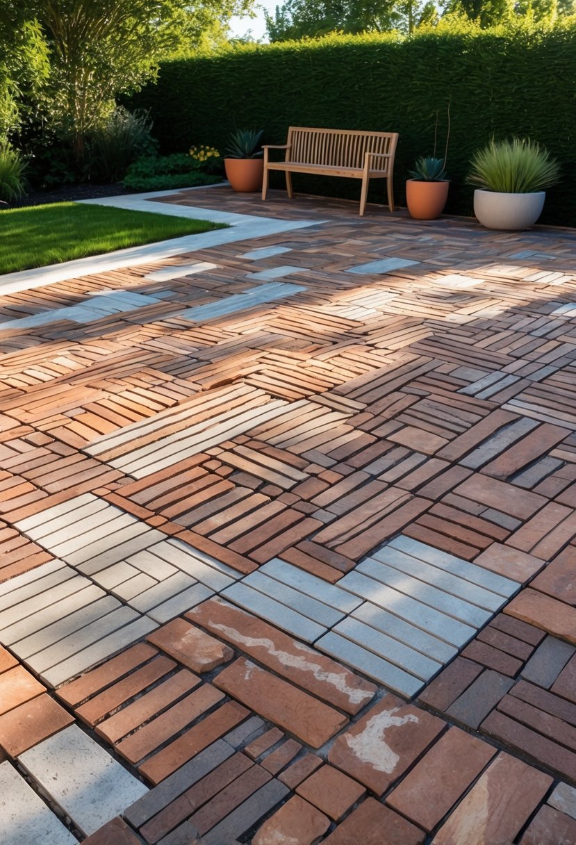 Outdoor patio with a variety of brick patterns arranged in a geometric layout surrounded by grass and outdoor furniture.