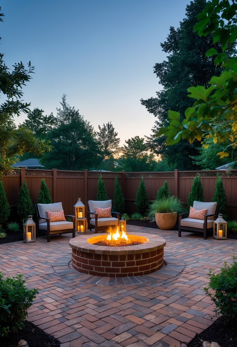 Outdoor brick patio with a built-in fire pit surrounded by seating and plants.