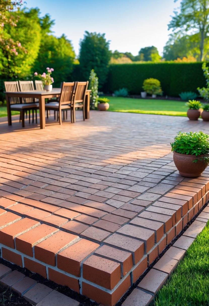 Raised brick patio platform with outdoor furniture, surrounded by grass and plants under a clear sky.