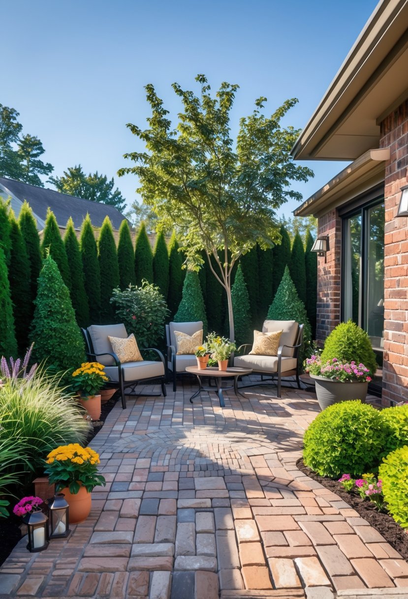An outdoor brick patio with seating, plants, and a garden under a clear sky.