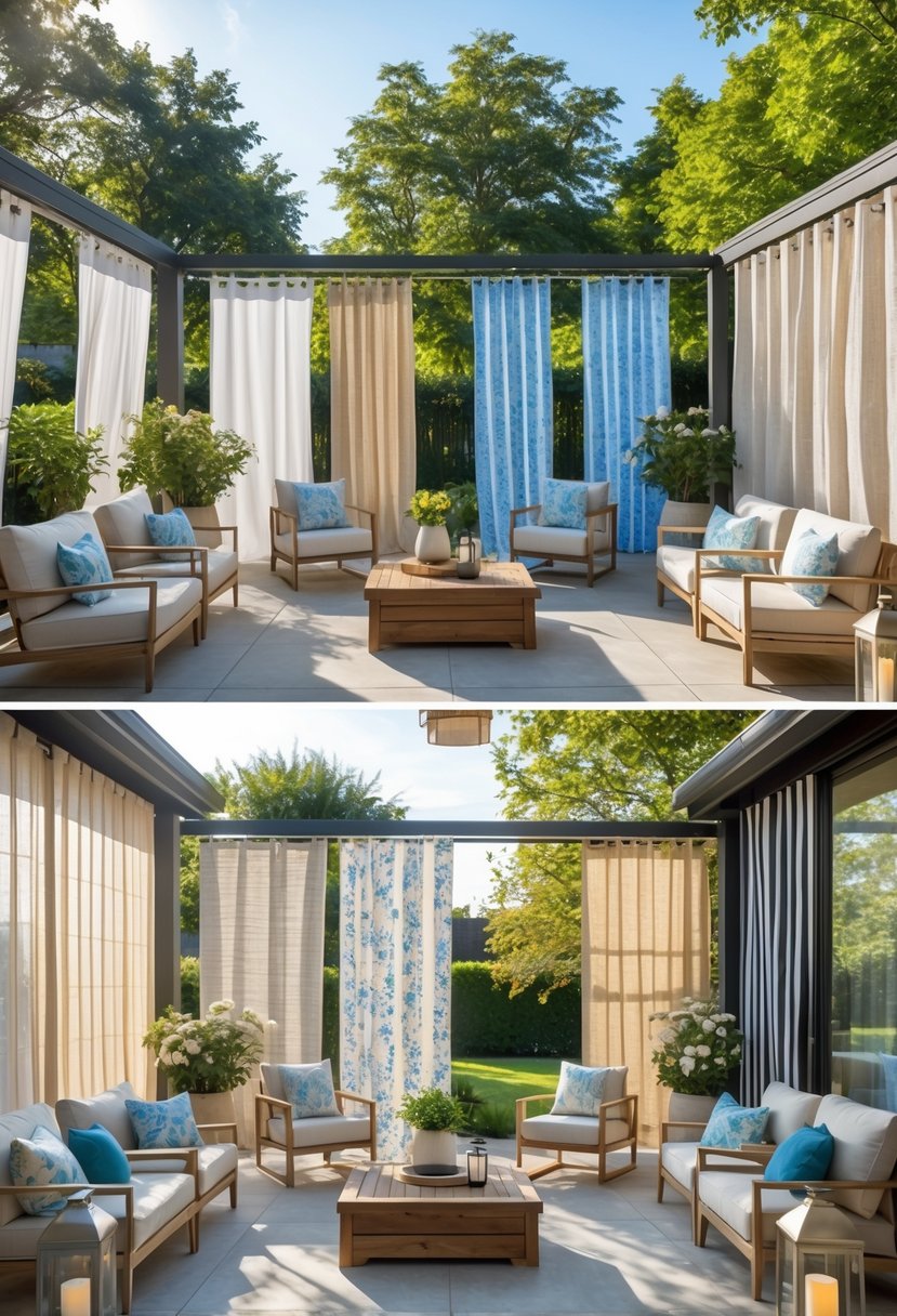 10 Patio Curtain Ideas That Bring Privacy, Shade, and Style Together 2 An outdoor patio with ten different styles of curtains hanging around a seating area surrounded by plants and furniture.
