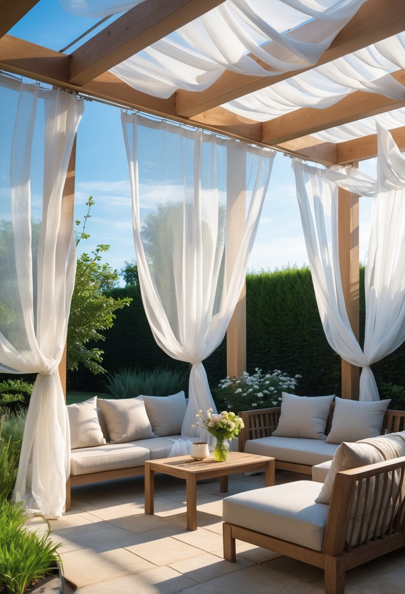 10 Patio Curtain Ideas That Bring Privacy, Shade, and Style Together 3 Outdoor patio with sheer white curtains flowing in the breeze, a cozy seating area, and green plants under a wooden pergola.