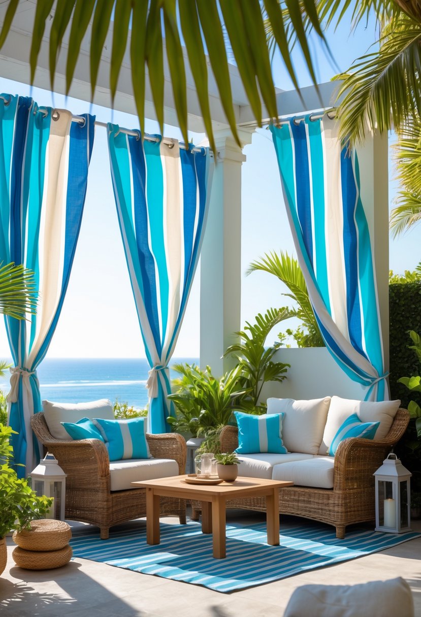 10 Patio Curtain Ideas That Bring Privacy, Shade, and Style Together 8 Outdoor patio with striped curtains, wicker furniture, and tropical plants under a sunny sky.