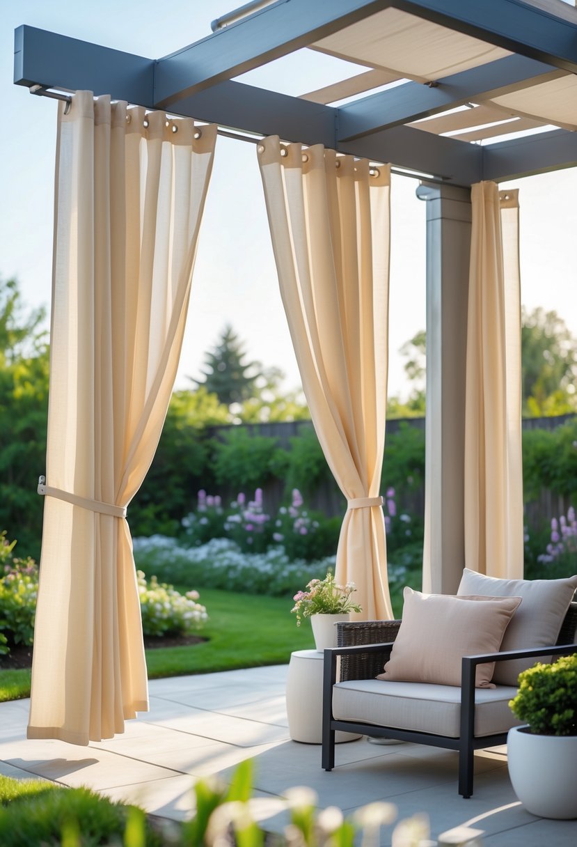 10 Patio Curtain Ideas That Bring Privacy, Shade, and Style Together 10 Outdoor patio with light-colored curtains hanging from a pergola, surrounded by seating and plants.