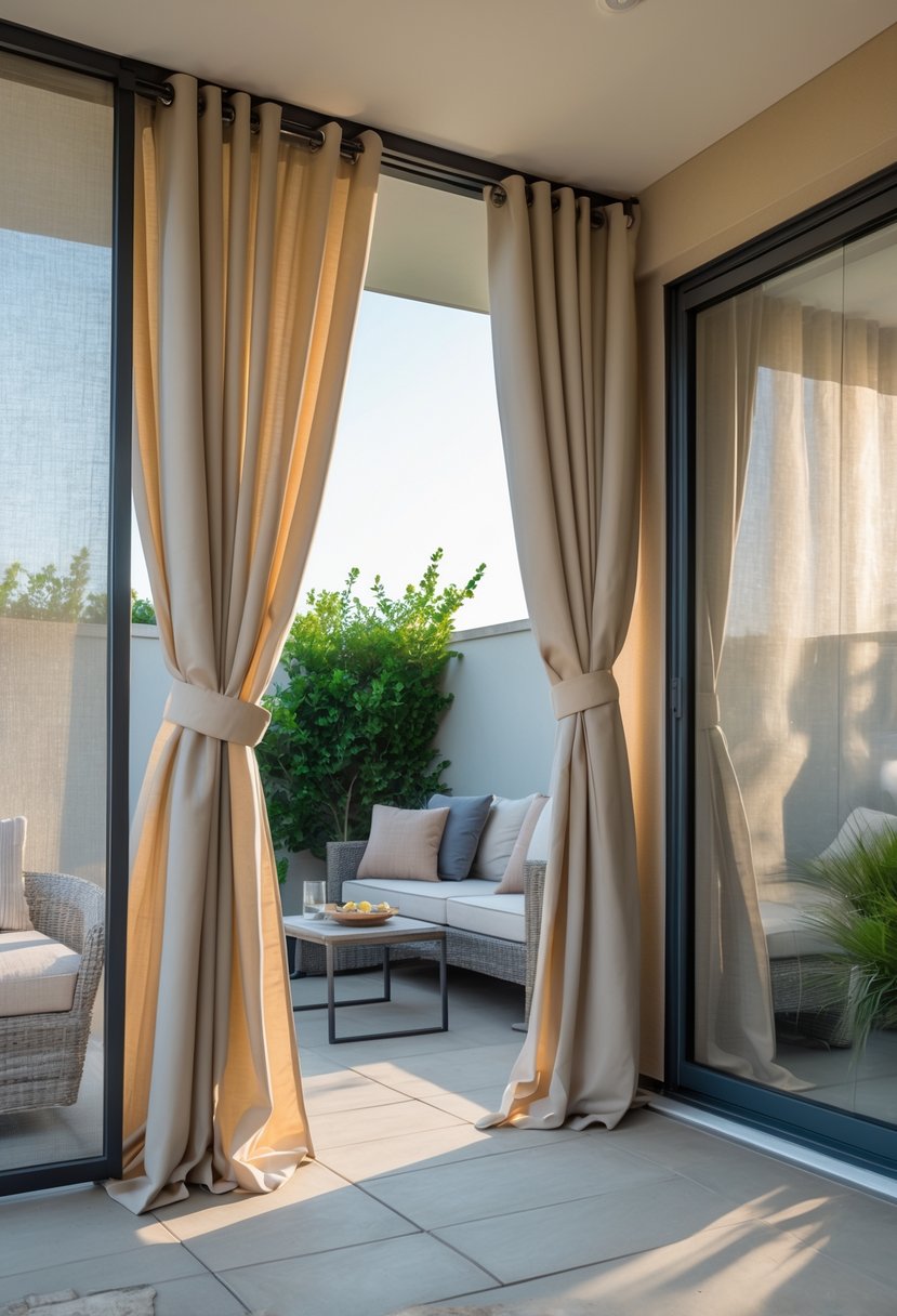 10 Patio Curtain Ideas That Bring Privacy, Shade, and Style Together 11 Outdoor patio with insulated curtains partially drawn around a seating area with furniture and plants.