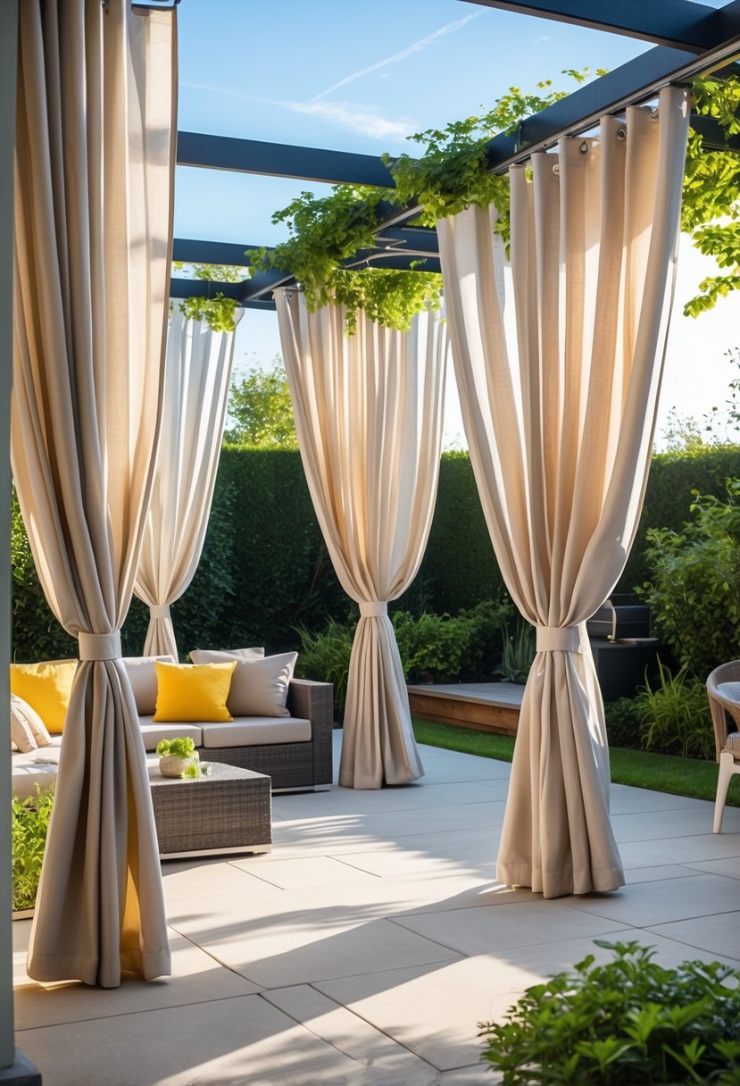 10 Patio Curtain Ideas That Bring Privacy, Shade, and Style Together 12 Outdoor patio with flowing curtains protecting the seating area from sunlight, surrounded by greenery.