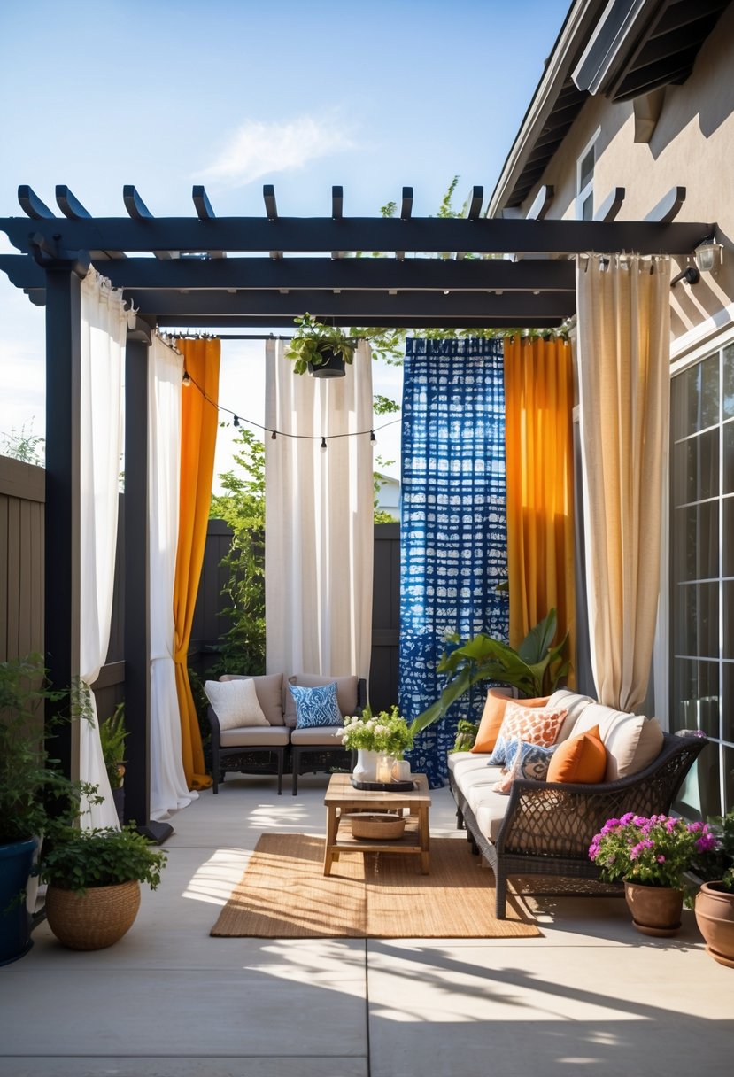 10 Patio Curtain Ideas That Bring Privacy, Shade, and Style Together 13 Outdoor patio with multiple types of curtains hanging around seating areas, surrounded by plants and sunlight.