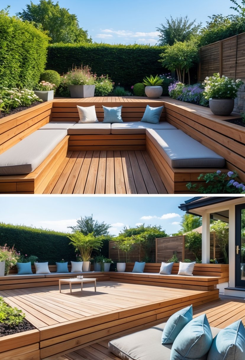 A multi-level wooden deck with built-in seating surrounded by greenery and outdoor furniture.
