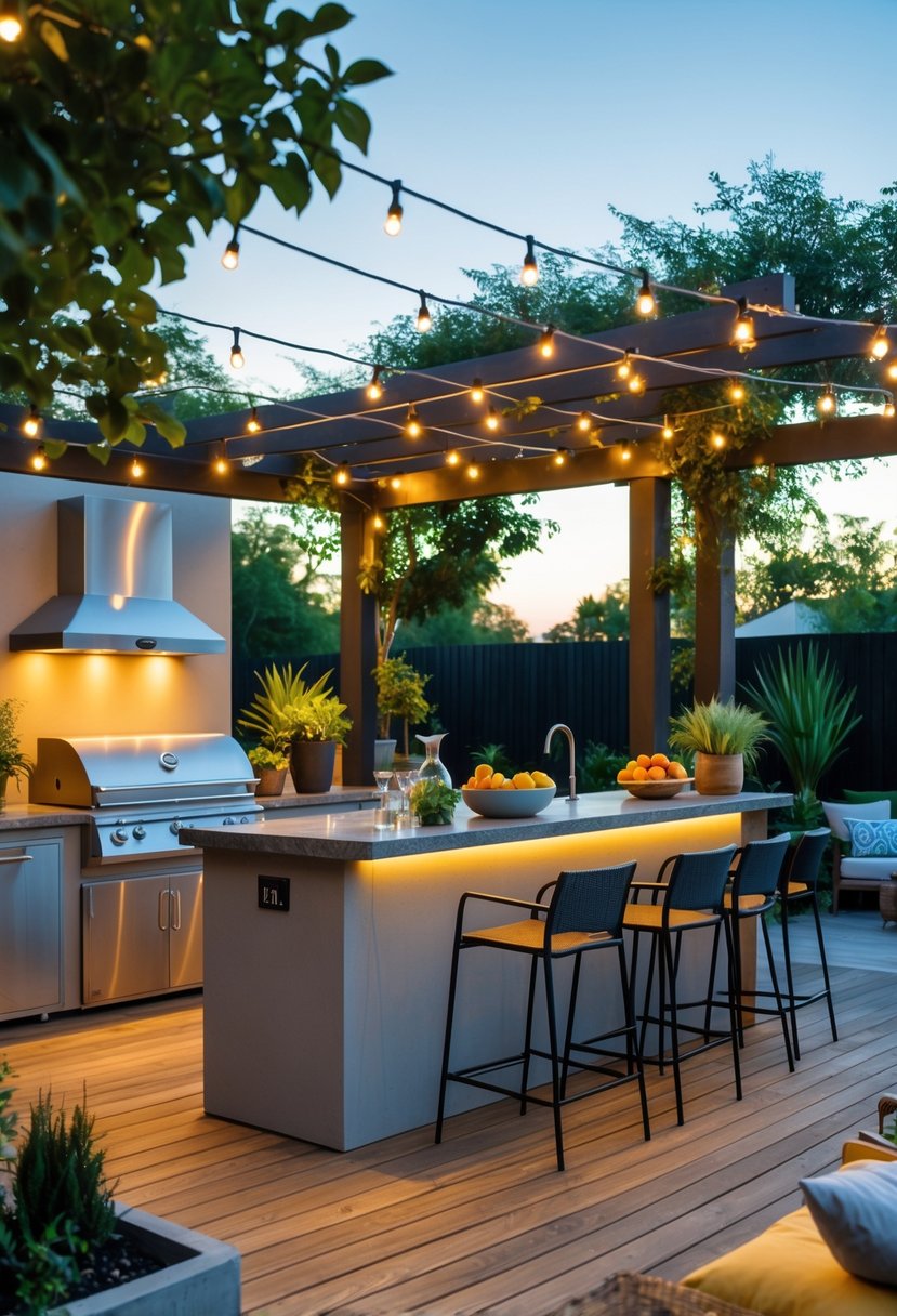 Outdoor kitchen and bar area with a grill, stone countertop bar, bar stools, wooden deck, plants, and outdoor seating.