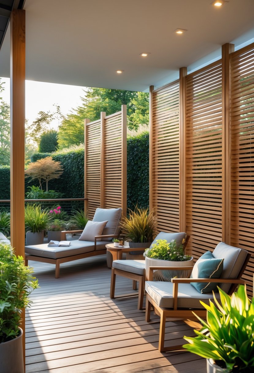 Outdoor wooden patio deck with slat wall privacy screens, outdoor furniture, and surrounding greenery.