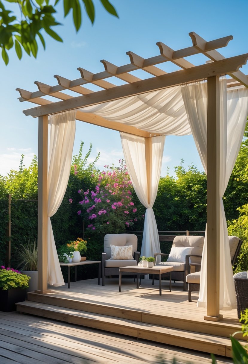 Outdoor wooden patio deck with a pergola draped in white curtains, surrounded by green plants and outdoor furniture.