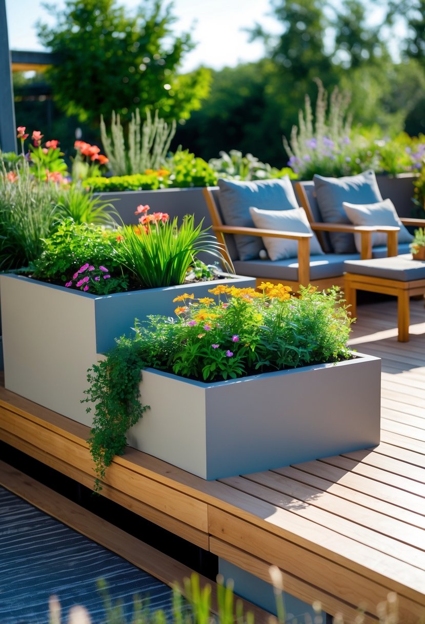 Outdoor patio deck with built-in planter boxes filled with green plants and flowers along the edges, surrounded by outdoor furniture.