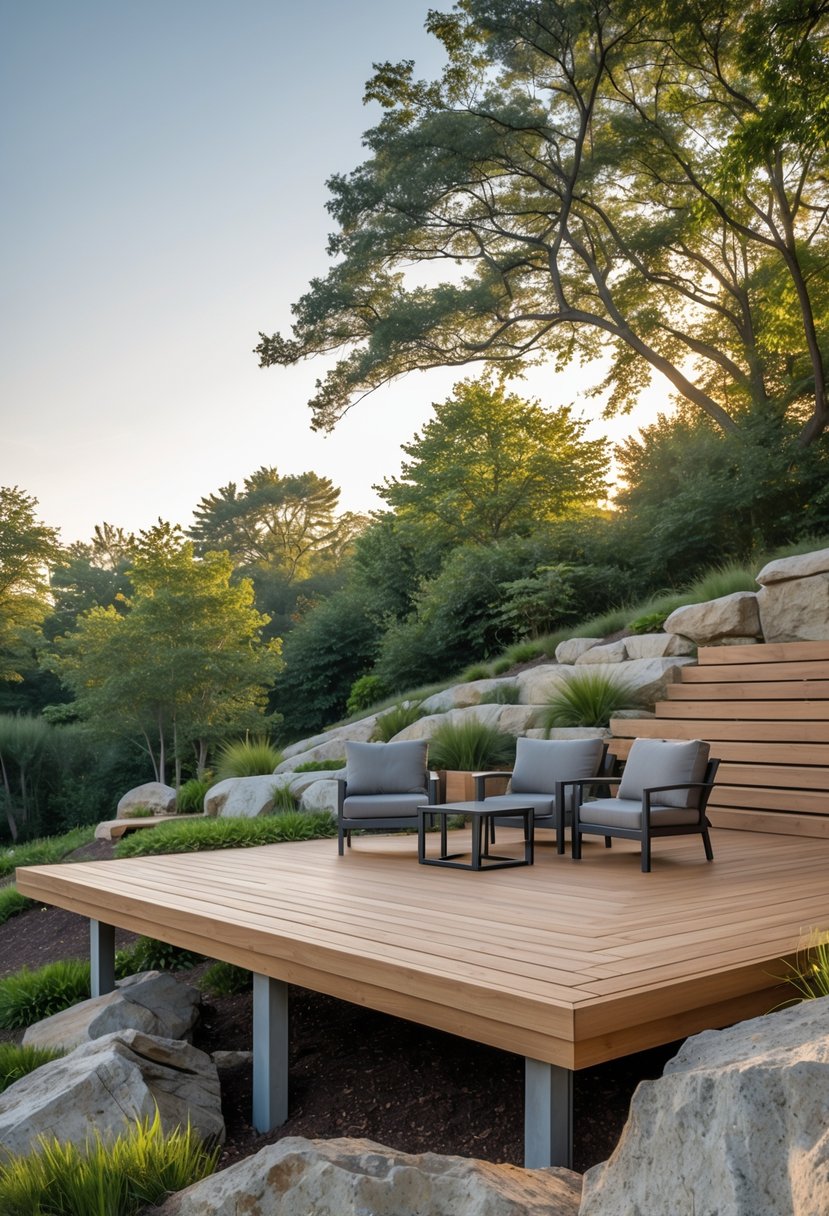 A floating wooden deck built over uneven ground with outdoor seating surrounded by trees and rocks.